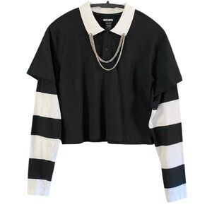 Hot Topic Chain Collar Stripe Long-Sleeve Polo Shirt Y2K Emo Scene Mall Goth